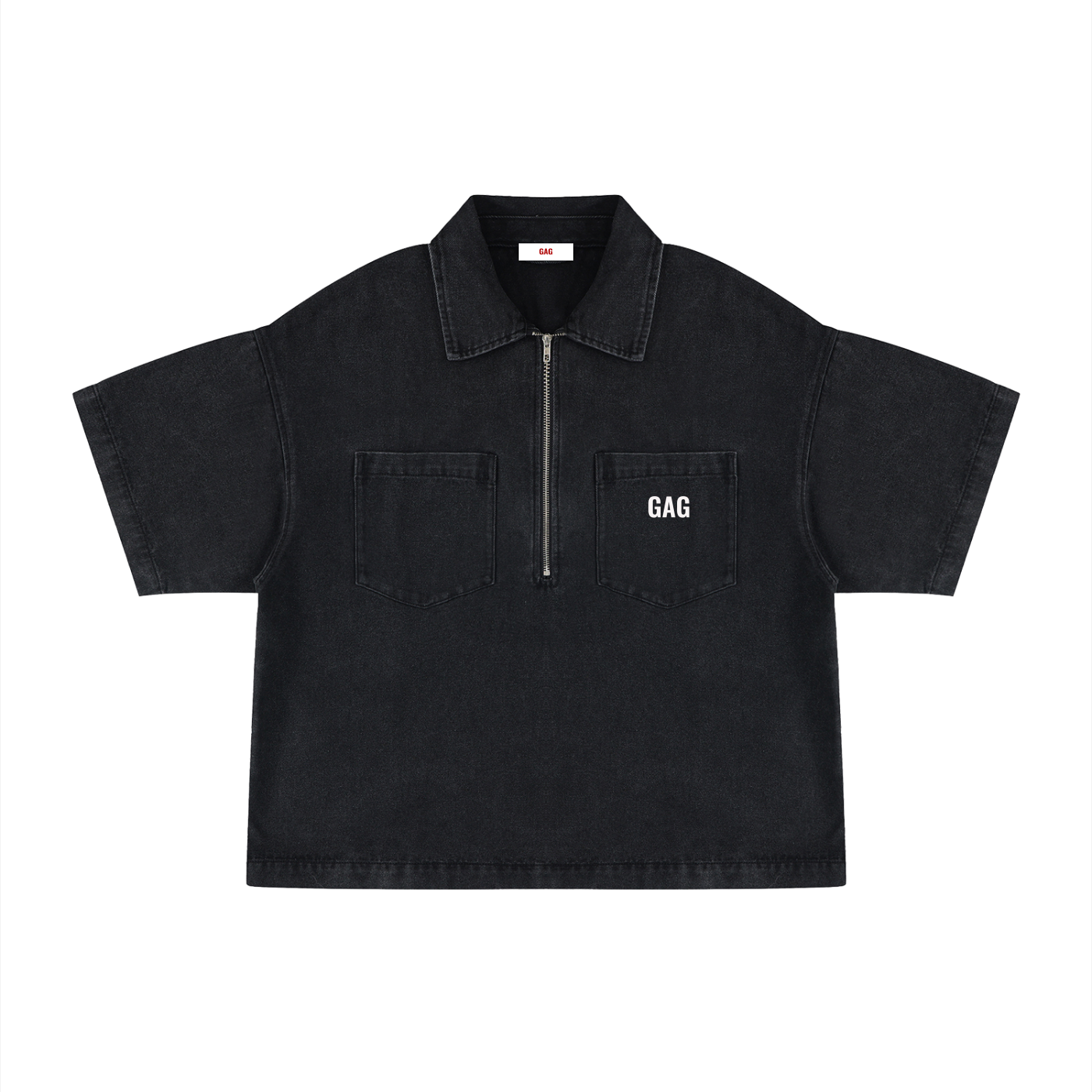 GAG Unisex Vintage Wash Boxy Quarter-Zip Denim Shirt