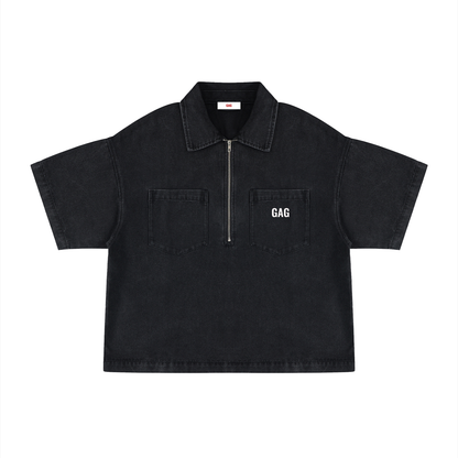 GAG Unisex Vintage Wash Boxy Quarter-Zip Denim Shirt